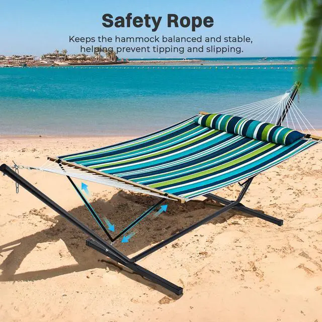 Alt view image 5 of 7 - SUPERJARE Hammock with Stand, 2 Person Quilted Outdoor Hammock, Detachable Pillow & Bamboo Spreaders, Portable Hammock with Carrying Bag, Heavy Duty Stand, Perfect for Outside, Patio, Dark Cyan