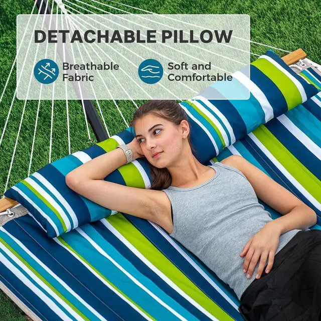 Alt view image 4 of 7 - SUPERJARE Hammock with Stand, 2 Person Quilted Outdoor Hammock, Detachable Pillow & Bamboo Spreaders, Portable Hammock with Carrying Bag, Heavy Duty Stand, Perfect for Outside, Patio, Dark Cyan
