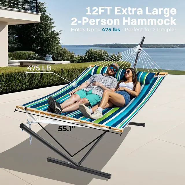 Alt view image 3 of 7 - SUPERJARE Hammock with Stand, 2 Person Quilted Outdoor Hammock, Detachable Pillow & Bamboo Spreaders, Portable Hammock with Carrying Bag, Heavy Duty Stand, Perfect for Outside, Patio, Dark Cyan