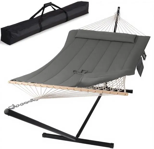 Main image of SUNCREAT Double Outdoor Hammock with Stand, Carrying Bag, Two Person Cotton Rope Hammock with Polyester Pad, Dark Gray
