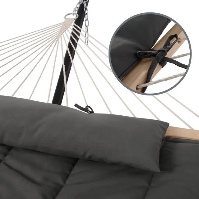 Alt view image 3 of 7 - SUNCREAT Double Outdoor Hammock with Stand, Carrying Bag, Two Person Cotton Rope Hammock with Polyester Pad, Dark Gray