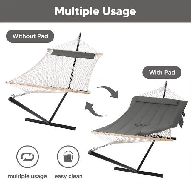 Alt view image 4 of 7 - SUNCREAT Double Outdoor Hammock with Stand, Carrying Bag, Two Person Cotton Rope Hammock with Polyester Pad, Dark Gray