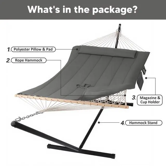Alt view image 5 of 7 - SUNCREAT Double Outdoor Hammock with Stand, Carrying Bag, Two Person Cotton Rope Hammock with Polyester Pad, Dark Gray