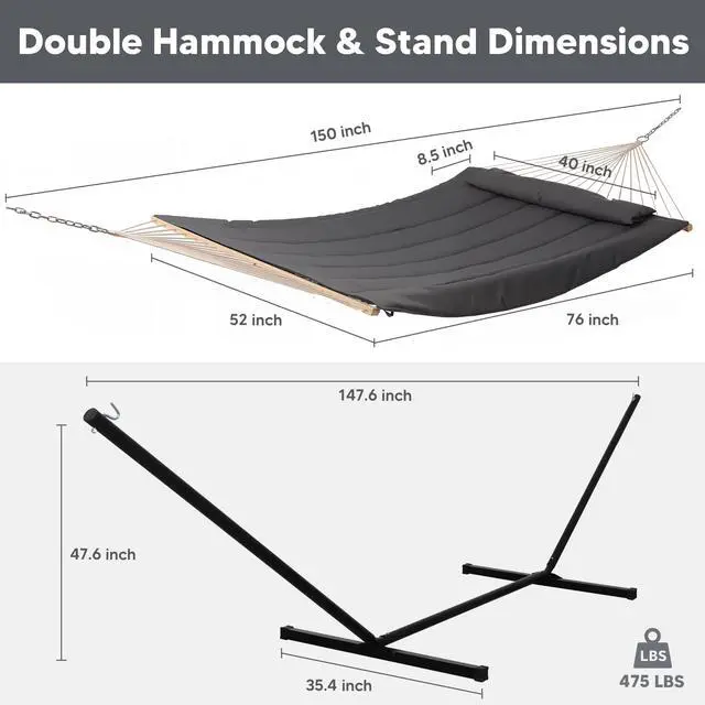 Alt view image 6 of 7 - SUNCREAT Double Outdoor Hammock with Stand, Carrying Bag, Two Person Cotton Rope Hammock with Polyester Pad, Dark Gray
