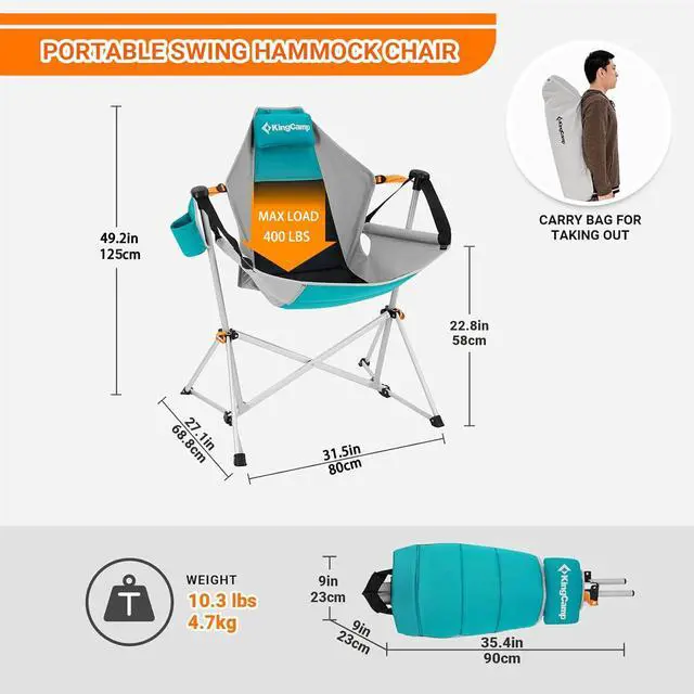Alt view image 2 of 6 - KingCamp Hammock Camping Chair, Swinging Portable Folding Camp Chairs for Adults Max 440lbs Heavy Duty Foldable Oversized Rocker with Aluminum Alloy Frame Cup Holder for Outdoor Beach Patio Sport