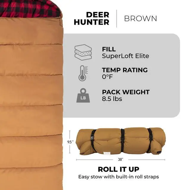 Alt view image 3 of 7 - Teton 0F Degree Deer Hunter Sleeping Bag. Warm and Comfortable Camping Sleeping Bags, Teton Tough Canvas Shell for Camping, Hunting, and Cold Weather, Brown
