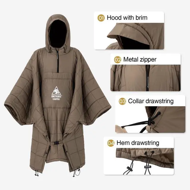 Alt view image 5 of 7 - ONETIGRIS Camping Blanket Poncho with with Recycled Synthetic Insulation,Wearable Hoodie Blanket | Ultralight Water-Resistant Warm Camping Blanket for Outdoor, Hiking, Stadium