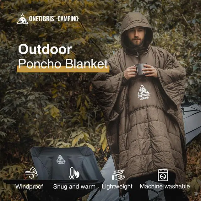 Alt view image 3 of 7 - ONETIGRIS Camping Blanket Poncho with with Recycled Synthetic Insulation,Wearable Hoodie Blanket | Ultralight Water-Resistant Warm Camping Blanket for Outdoor, Hiking, Stadium