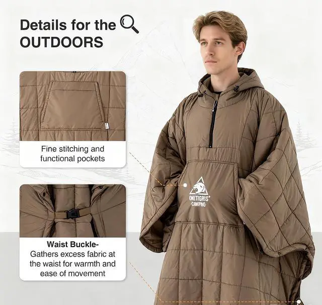 Alt view image 7 of 7 - ONETIGRIS Camping Blanket Poncho with with Recycled Synthetic Insulation,Wearable Hoodie Blanket | Ultralight Water-Resistant Warm Camping Blanket for Outdoor, Hiking, Stadium