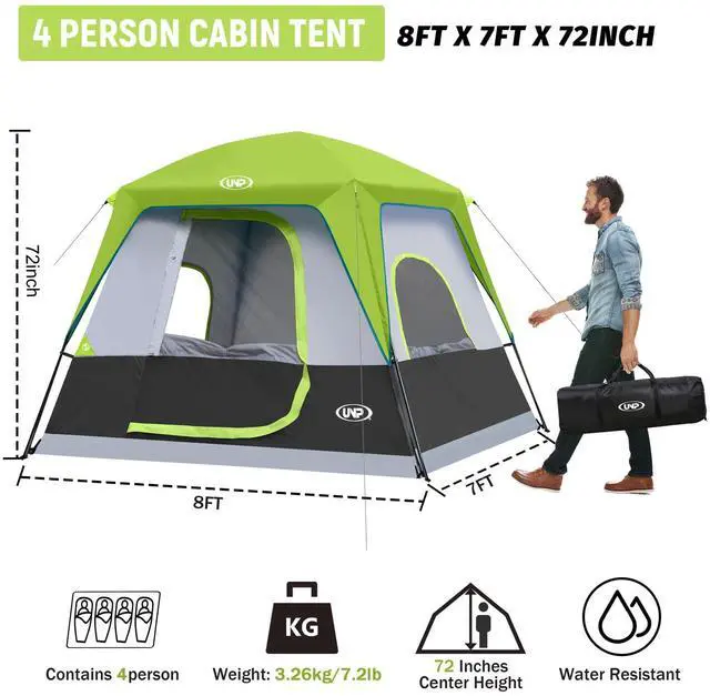 Alt view image 2 of 6 - UNP 4-Person Tent, Portable Cabin Tent, Camping Tent 4-Person Easy Set Up, Waterproof with Top Rainfly for Outdoor Camping/Hiking (Fluorescent Green)