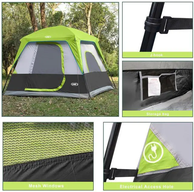 Alt view image 4 of 6 - UNP 4-Person Tent, Portable Cabin Tent, Camping Tent 4-Person Easy Set Up, Waterproof with Top Rainfly for Outdoor Camping/Hiking (Fluorescent Green)