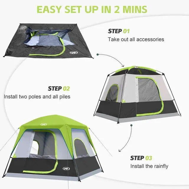 Alt view image 5 of 6 - UNP 4-Person Tent, Portable Cabin Tent, Camping Tent 4-Person Easy Set Up, Waterproof with Top Rainfly for Outdoor Camping/Hiking (Fluorescent Green)