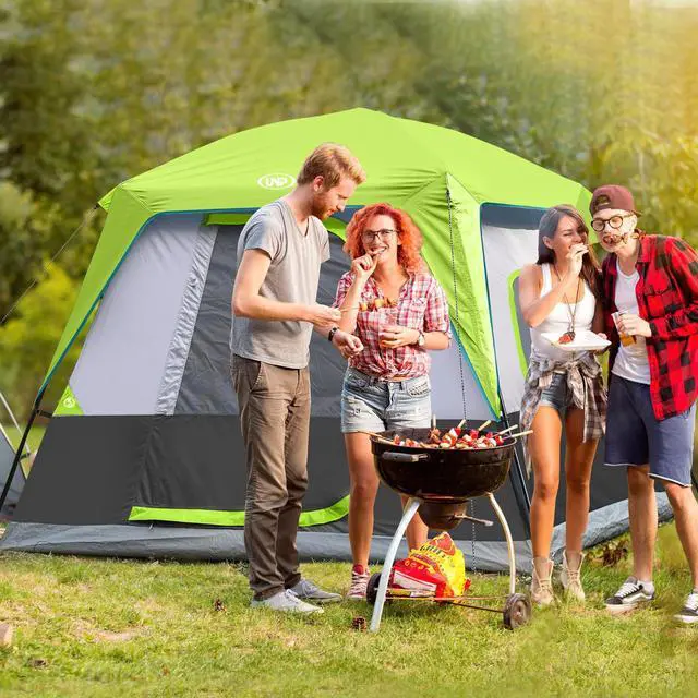 Alt view image 6 of 6 - UNP 4-Person Tent, Portable Cabin Tent, Camping Tent 4-Person Easy Set Up, Waterproof with Top Rainfly for Outdoor Camping/Hiking (Fluorescent Green)