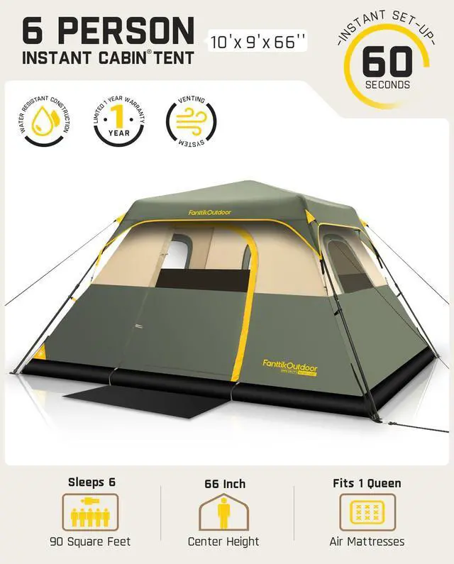 Alt view image 5 of 7 - FanttikOutdoor Zeta C6 Pro Camping Tent 6 Person Instant Cabin Tent Setup in 60 Seconds with Rainfly & Windproof Portable with Carry Bag for Family Camping & Hiking, Upgraded Ventilation, Green