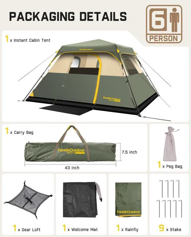 Alt view image 6 of 7 - FanttikOutdoor Zeta C6 Pro Camping Tent 6 Person Instant Cabin Tent Setup in 60 Seconds with Rainfly & Windproof Portable with Carry Bag for Family Camping & Hiking, Upgraded Ventilation, Green
