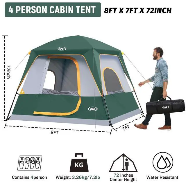 Alt view image 2 of 6 - UNP 4-Person Tent, Portable Cabin Tent, Camping Tent 4-Person Easy Set Up, Waterproof with Top Rainfly for Outdoor Camping/Hiking (Dark Green)