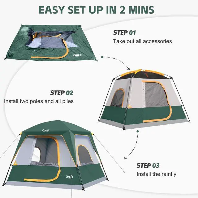 Alt view image 5 of 6 - UNP 4-Person Tent, Portable Cabin Tent, Camping Tent 4-Person Easy Set Up, Waterproof with Top Rainfly for Outdoor Camping/Hiking (Dark Green)