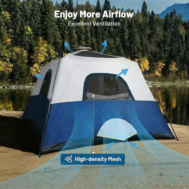Alt view image 5 of 7 - Toogh 3/4 Person Camping Tent with 1 Door, 4 Windows, and Upgraded Ventilation Instant Setup, Waterproof, 8'x 8'x 67''Oxford Fabric Floor Pop Up in 60 Seconds Includes Rainfly and Backpack