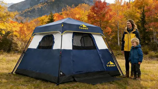 Alt view image 7 of 7 - Toogh 3/4 Person Camping Tent with 1 Door, 4 Windows, and Upgraded Ventilation Instant Setup, Waterproof, 8'x 8'x 67''Oxford Fabric Floor Pop Up in 60 Seconds Includes Rainfly and Backpack