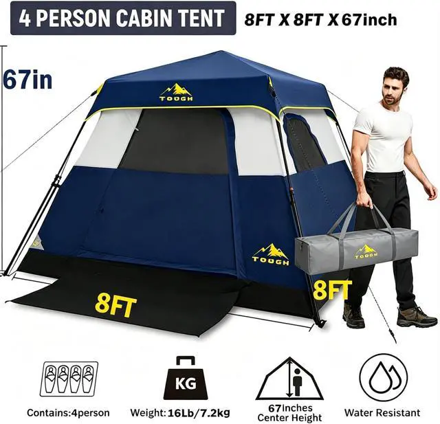 Alt view image 2 of 7 - Toogh 3/4 Person Camping Tent with 1 Door, 4 Windows, and Upgraded Ventilation Instant Setup, Waterproof, 8'x 8'x 67''Oxford Fabric Floor Pop Up in 60 Seconds Includes Rainfly and Backpack