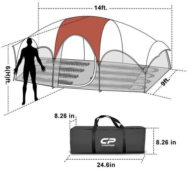 Alt view image 2 of 6 - CAMPROS CP Tent 8 Person Camping Tents, Weather Resistant Family Tent, 5 Large Mesh Windows, Double Layer, Divided Curtain for Separated Room, Portable with Carry Bag - Red