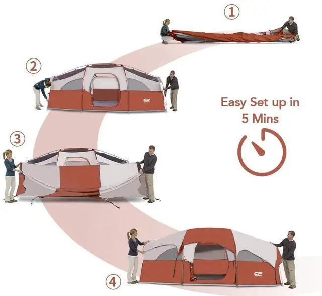 Alt view image 3 of 6 - CAMPROS CP Tent 8 Person Camping Tents, Weather Resistant Family Tent, 5 Large Mesh Windows, Double Layer, Divided Curtain for Separated Room, Portable with Carry Bag - Red