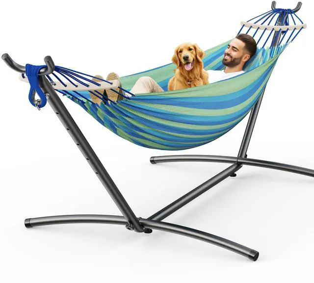 Main image of ANAGOO Double Hammock with Stand, 2 Person Hammock with Anti-Rollover Spreader Bar, Adjustable Height Heavy Duty Steel Stand, 500LB Capacity Portable Hammock for Patio Backyard Camping, Wide Blue