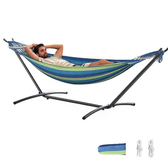 Alt view image 4 of 7 - ANAGOO Double Hammock with Stand, 2 Person Hammock with Anti-Rollover Spreader Bar, Adjustable Height Heavy Duty Steel Stand, 500LB Capacity Portable Hammock for Patio Backyard Camping, Wide Blue