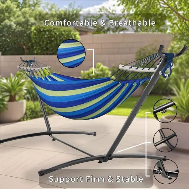 Alt view image 6 of 7 - ANAGOO Double Hammock with Stand, 2 Person Hammock with Anti-Rollover Spreader Bar, Adjustable Height Heavy Duty Steel Stand, 500LB Capacity Portable Hammock for Patio Backyard Camping, Wide Blue