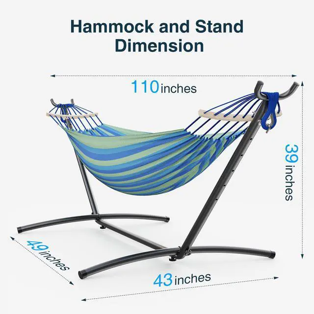 Alt view image 7 of 7 - ANAGOO Double Hammock with Stand, 2 Person Hammock with Anti-Rollover Spreader Bar, Adjustable Height Heavy Duty Steel Stand, 500LB Capacity Portable Hammock for Patio Backyard Camping, Wide Blue