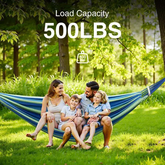 Alt view image 2 of 7 - ANAGOO Double Hammock with Stand, 2 Person Hammock with Anti-Rollover Spreader Bar, Adjustable Height Heavy Duty Steel Stand, 500LB Capacity Portable Hammock for Patio Backyard Camping, Wide Blue