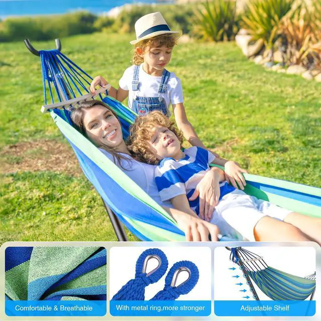 Alt view image 3 of 7 - ANAGOO Double Hammock with Stand, 2 Person Hammock with Anti-Rollover Spreader Bar, Adjustable Height Heavy Duty Steel Stand, 500LB Capacity Portable Hammock for Patio Backyard Camping, Wide Blue