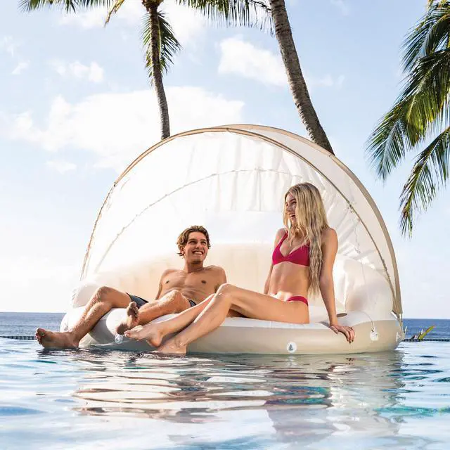 Alt view image 2 of 7 - Intex 58292EP Canopy Island Inflatable Pool Float: Comfortable Lounge Surface Built-in Cup Holders Detachable Sunshade 440lb Max Weight Capacity 78.5" x 59"