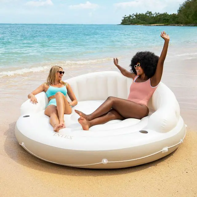 Alt view image 3 of 7 - Intex 58292EP Canopy Island Inflatable Pool Float: Comfortable Lounge Surface Built-in Cup Holders Detachable Sunshade 440lb Max Weight Capacity 78.5" x 59"