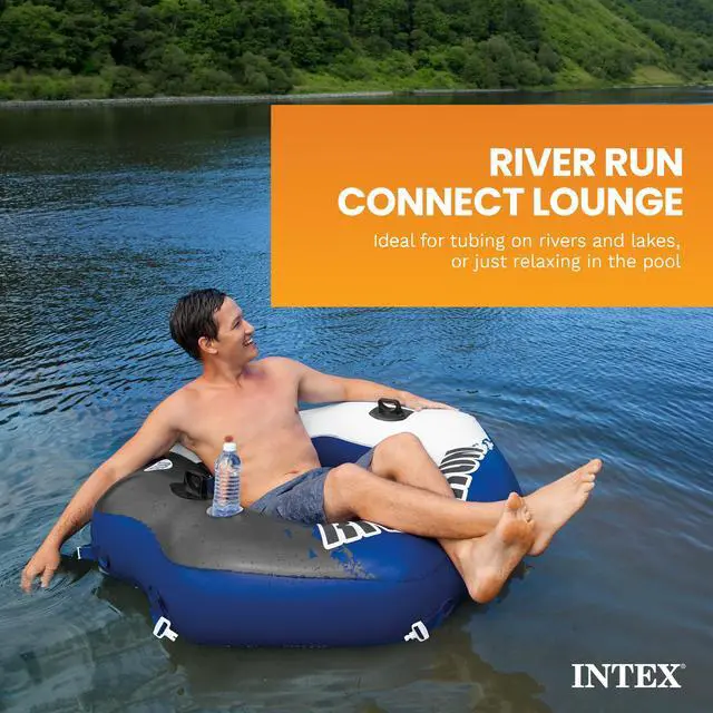 Alt view image 2 of 7 - INTEX 58854EP River Run Connect Inflatable Floating Lounge: Comfortable Backrest Built-in Cup Holder Durable Grab Handles Easy-to-Use Connectors 220lb Weight Capacity (4 Pack)