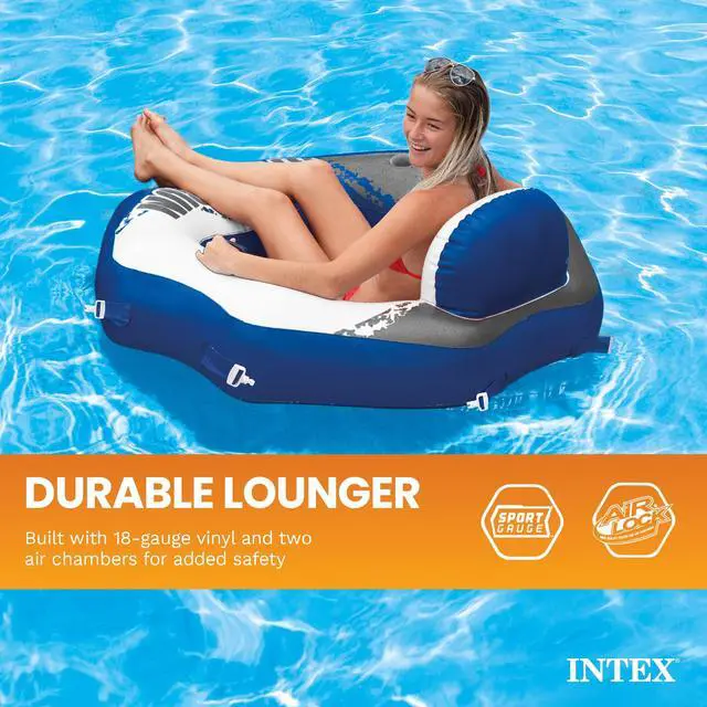 Alt view image 4 of 7 - INTEX 58854EP River Run Connect Inflatable Floating Lounge: Comfortable Backrest Built-in Cup Holder Durable Grab Handles Easy-to-Use Connectors 220lb Weight Capacity (4 Pack)