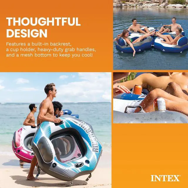 Alt view image 5 of 7 - INTEX 58854EP River Run Connect Inflatable Floating Lounge: Comfortable Backrest Built-in Cup Holder Durable Grab Handles Easy-to-Use Connectors 220lb Weight Capacity (4 Pack)