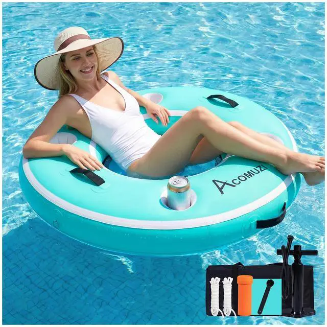 Main image of ACOMUZI Water Hammock Inflatable Floating Dock, Round Floating Ring Lake Floats for Adults, Heavy Duty Pool Float Raft for Ocean and Lake, 6/8/10/12FT (Mint Green+Light Blue, 4FT)