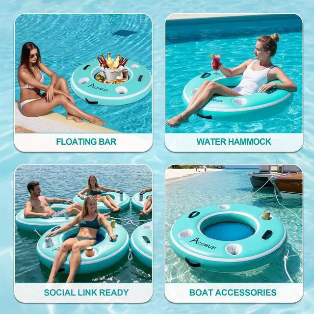 Alt view image 3 of 7 - ACOMUZI Water Hammock Inflatable Floating Dock, Round Floating Ring Lake Floats for Adults, Heavy Duty Pool Float Raft for Ocean and Lake, 6/8/10/12FT (Mint Green+Light Blue, 4FT)