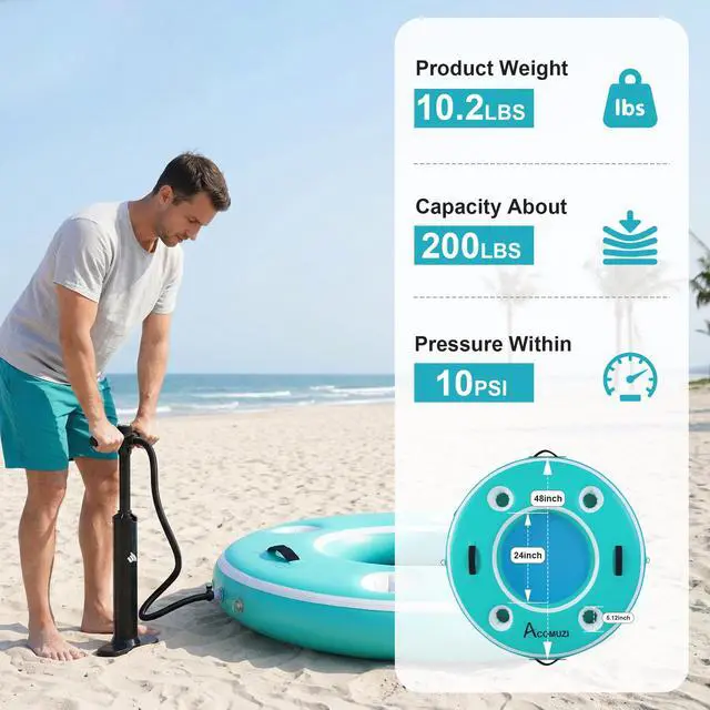 Alt view image 4 of 7 - ACOMUZI Water Hammock Inflatable Floating Dock, Round Floating Ring Lake Floats for Adults, Heavy Duty Pool Float Raft for Ocean and Lake, 6/8/10/12FT (Mint Green+Light Blue, 4FT)