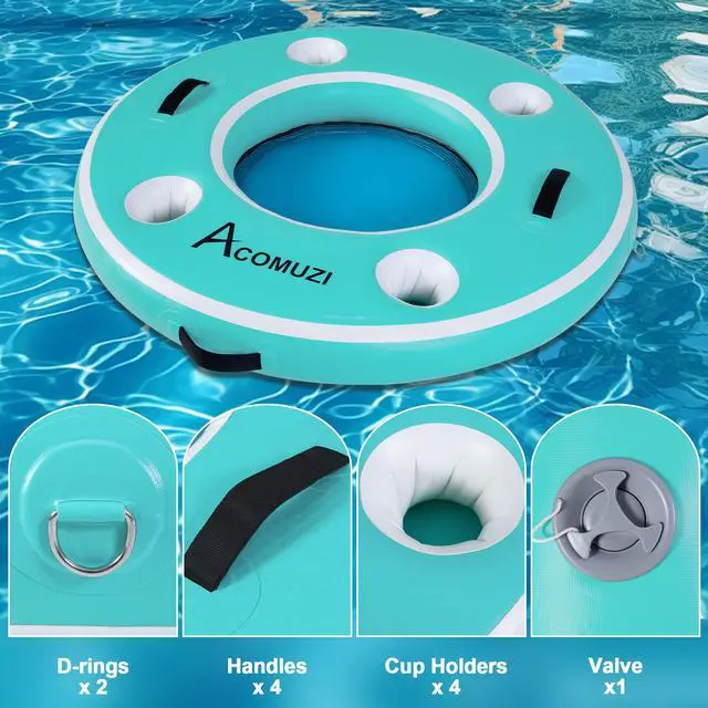Alt view image 6 of 7 - ACOMUZI Water Hammock Inflatable Floating Dock, Round Floating Ring Lake Floats for Adults, Heavy Duty Pool Float Raft for Ocean and Lake, 6/8/10/12FT (Mint Green+Light Blue, 4FT)
