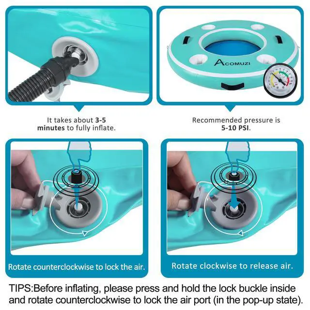 Alt view image 7 of 7 - ACOMUZI Water Hammock Inflatable Floating Dock, Round Floating Ring Lake Floats for Adults, Heavy Duty Pool Float Raft for Ocean and Lake, 6/8/10/12FT (Mint Green+Light Blue, 4FT)