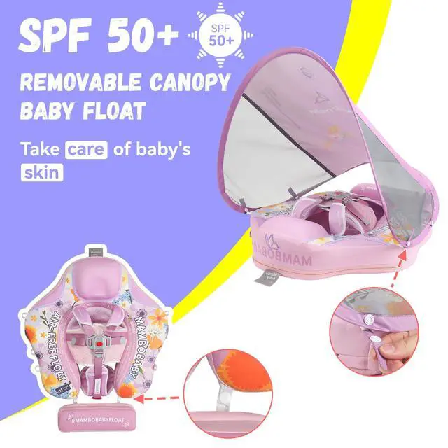 Alt view image 3 of 7 - GENTEACO Mambobaby Baby Pool Float with Removable Canopy 3-24 Months, Non-Inflatable Infant Floats for Pool Add Tail Avoid Flip, Swim Trainer for Toddler Boys Girls(Flower Purple)