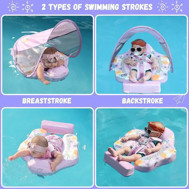 Alt view image 4 of 7 - GENTEACO Mambobaby Baby Pool Float with Removable Canopy 3-24 Months, Non-Inflatable Infant Floats for Pool Add Tail Avoid Flip, Swim Trainer for Toddler Boys Girls(Flower Purple)