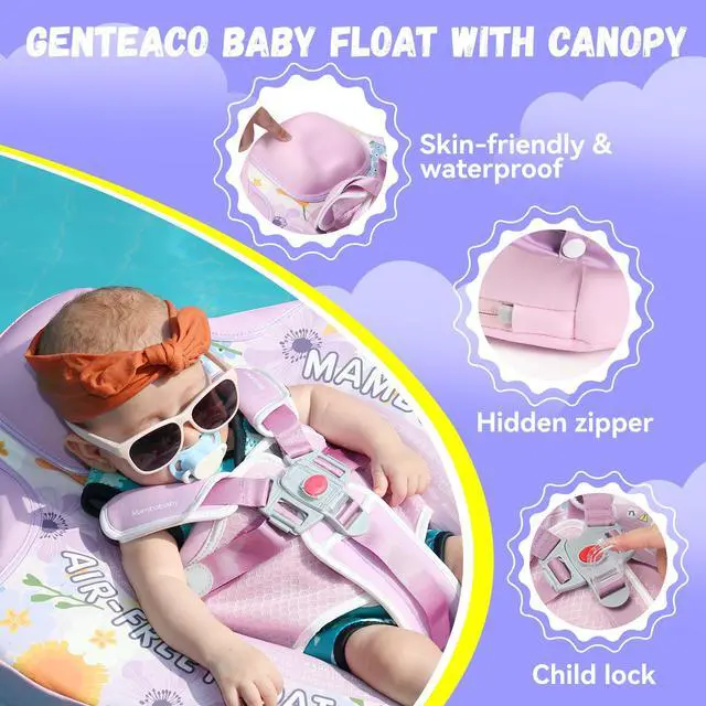 Alt view image 6 of 7 - GENTEACO Mambobaby Baby Pool Float with Removable Canopy 3-24 Months, Non-Inflatable Infant Floats for Pool Add Tail Avoid Flip, Swim Trainer for Toddler Boys Girls(Flower Purple)