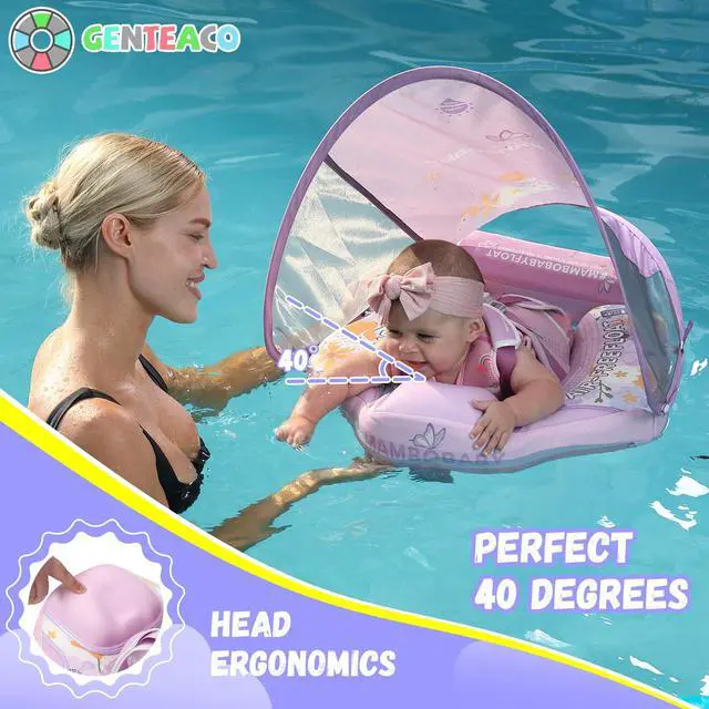 Alt view image 7 of 7 - GENTEACO Mambobaby Baby Pool Float with Removable Canopy 3-24 Months, Non-Inflatable Infant Floats for Pool Add Tail Avoid Flip, Swim Trainer for Toddler Boys Girls(Flower Purple)