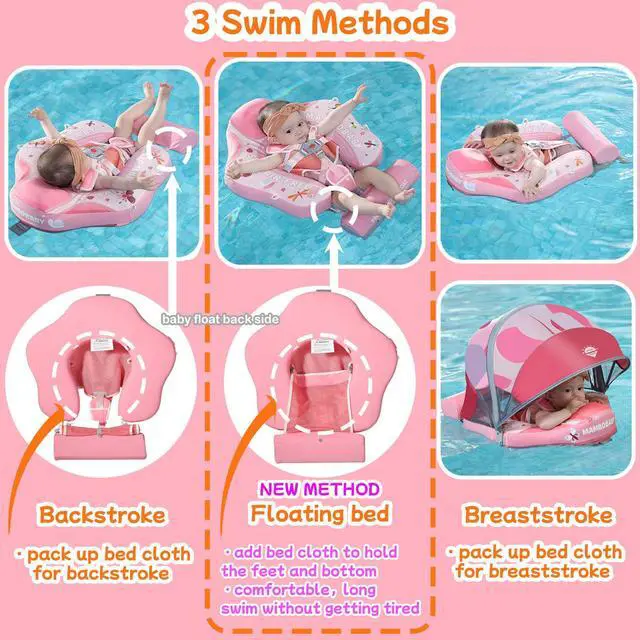 Alt view image 3 of 7 - Mambobaby Float Add Tail No Flip Over Non-Inflatable Baby Swim Float Pearl Foam Solid Water Floats Smart Swim Trainer Infant Pool Float Swim Ring with Sun Canopy