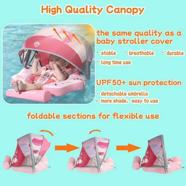 Alt view image 4 of 7 - Mambobaby Float Add Tail No Flip Over Non-Inflatable Baby Swim Float Pearl Foam Solid Water Floats Smart Swim Trainer Infant Pool Float Swim Ring with Sun Canopy