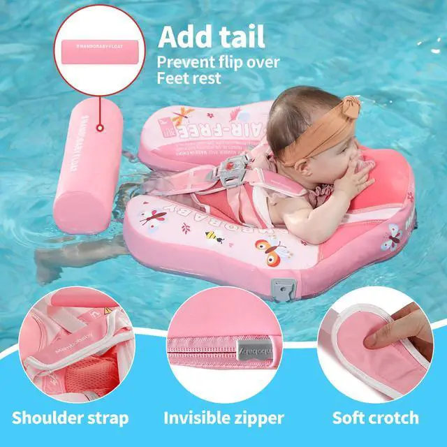 Alt view image 5 of 7 - Mambobaby Float Add Tail No Flip Over Non-Inflatable Baby Swim Float Pearl Foam Solid Water Floats Smart Swim Trainer Infant Pool Float Swim Ring with Sun Canopy