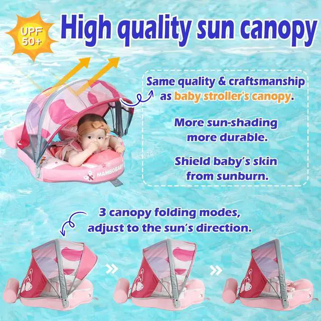 Alt view image 6 of 7 - Mambobaby Float with Canopy Size Improved Non Inflatable Infant Baby Pool Float Smart Mambo Float Swim Trainer Baby Swim Float Mambo Baby Float Solid Air Free Water Waist Swimming Ring